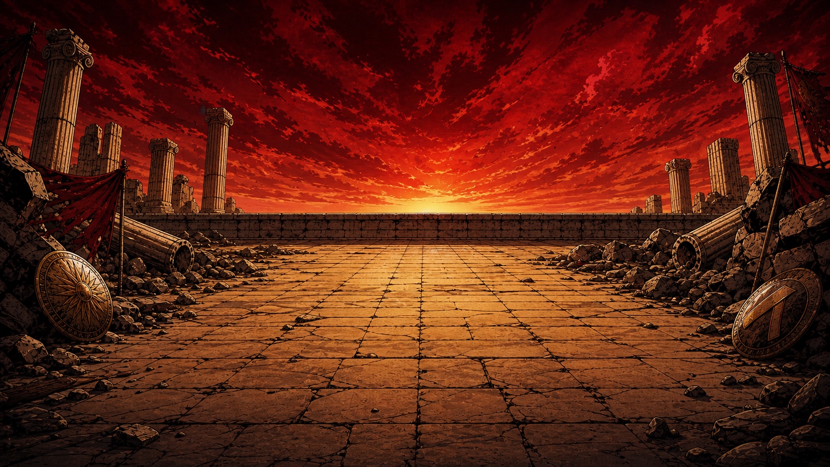 A side-scrolling battlefield in hand-drawn manga style, Achilles facing archers.