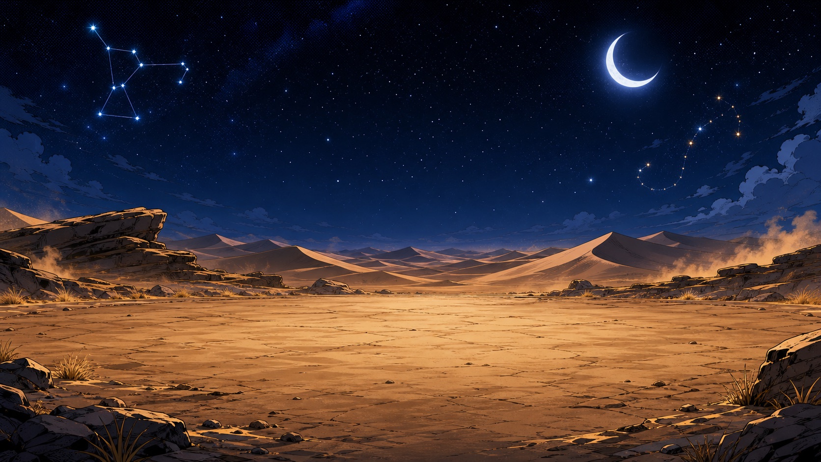 A desert arena in manga style with Orion squared off against a scorpion.