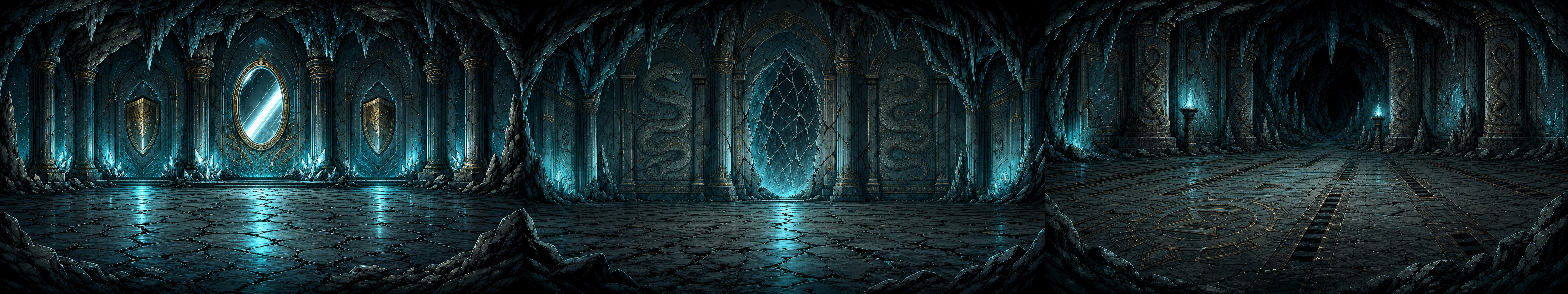 Underground chambers in manga style with a glowing mirror at the center.